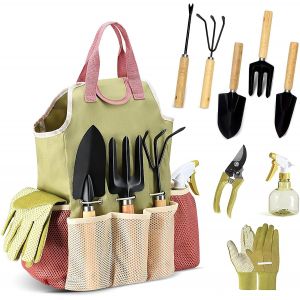 ChenQuanSarl-Outillage De Jardin, 9 Pièces Ensemble De Jardinage En Acier Inoxydable Avec Rangement Outils Jardin, Avec Poignée De Bois, Griffe, Fourche, Pelle Jardinage, Cadeaux Pour Les Femmes Et L - Neuf