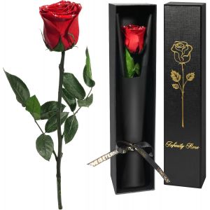 Rose Eternelle Cadeau Femme,Vraie Rose avec Tige Cadeau Maman Fleur Pr&eacute;serv&eacute;e en Coffret Cadeau Fleur Eternelle Cadeau Anniversaire Femme,Cadeau pour Noel Saint-Valentin Femme, Rose Rouge - Neuf