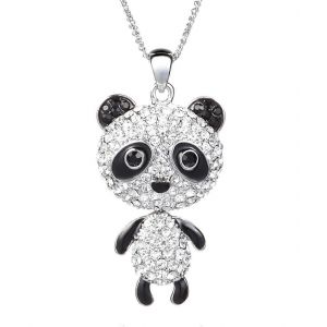 Collier Long Panda En Platine De 76 Cm Orn&eacute; De Strass, Id&eacute;al Pour Accessoiriser Pulls Et Tenues. - Neuf