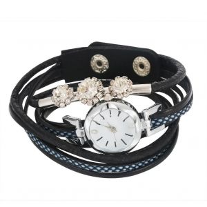 Femmes Strass Pu Strap Cadran Rond Quartz Bracelet Montre Montre-Bracelet (Noir) - Neuf