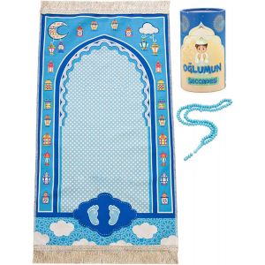 Sjzg-, Janamaz Sajadah Tapis De Prière Musulmane Pour Enfants - Cadeau Islamique - Tapis Doux Motif Bleu - Neuf