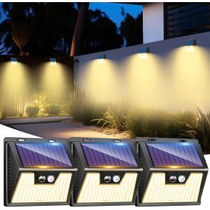 Lot De 3 Lampe Solaire Exterieur Detecteur De Mouvement, 176 Led Lumiere Ext&eacute;rieur Ip65 &Eacute;tanche Spot Solaire 3 Modes Eclairage Exterieure, Projecteur Ext&eacute;rieure Pour Jardin Garage, Blanc Chaud - Neuf