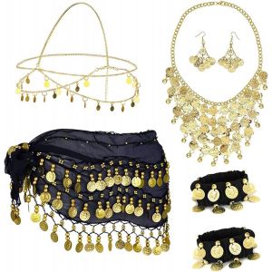 7 Pcs Ensembles D'accessoires De Danse Du Ventre,Ceinture Pour Danse Du Ventre &Eacute;charpe De Danse Du Ventre Avec Boucles D'oreilles En Pi&egrave;ces D'or, Collier, Bracelets Et Coiffe, Pour Spectacles De Sc&egrave;ne - Neuf
