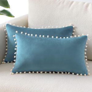 (30x50 cm, Bleu clair) Ensemble de 2 en Velours Doux Decoratifs, Housses de Coussin avec des Pompons Decoration de la Maison Taies d'oreiller Canape-Lit President de Chambre a coucher Salle de Sejour - Neuf
