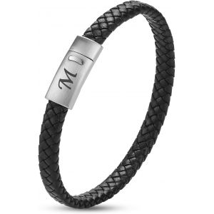 Leather Bracelet Men With Letters Engraved A-Z Bracelet For Men,Hand Woven Magnetic Closure Bracelet For Men,Fashion Accessories For Man - Neuf