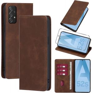 Kal-Coque Cuir Pour Samsung Galaxy A52s 5g/A52 4g/5g 6.5"" Avec 1 Verre Trempé Etui À Rabat En Pu Porte-Cartes Portefeuille Support Flip Housse Magnétique Antichoc Anti-Rayures Case,Marron - Neuf
