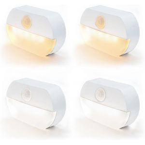 Veilleuse Avec Dé Tecteur De Mouvement,2 Led Blanches+2 Led Blanc Chaud Capteur Batterie,Marche/Arrêt Automatique Pour Couloir,Chambre À Coucher,Chambre D'enfant - Neuf