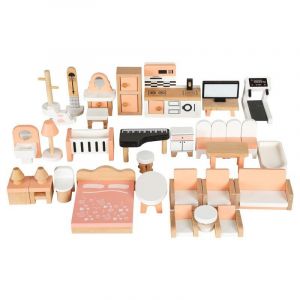 Ensemble de meubles en bois pour maison de poupées, 5 pièces, 34 accessoires miniatures pour maison de poupées, comprenant cuisine, salle à manger, salon, chambre et salle de bain. - Neuf