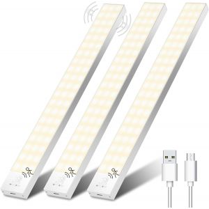 Lampe Placard Rechargeable 1500mah, Lumiere Placard Sans Fil Detecteur 32cm Led Cuisine Sous Meuble 3000k 60 Leds Reglette Led Pour Armoire Veilleuse Escalier Couloir Chevet - 3 Pack - Neuf