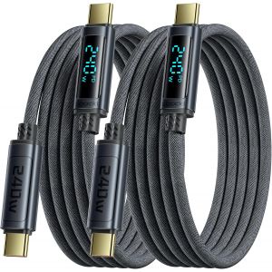 JGD-Lot de 2 C&acirc;bles USB C vers USB C 240 W, 1M Charge Rapide PD3.1 avec &Eacute;cran LED Dynamique & E-Marker, Compatible pour MacBook/iPhone 17 Pro Max/16/16 Pro/15 S&eacute;rie | Transfert 480Mbps & CarPlay - Neuf