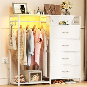 SUBZONAL-Commode Chambre avec et Tringle &agrave; V&ecirc;tements, Eclairage LED et Prise Electrique, Design R&eacute;versible avec 6 Tiroirs, Commode en Tissu pour Chambre &agrave; Coucher et Salon, Blanc - Neuf