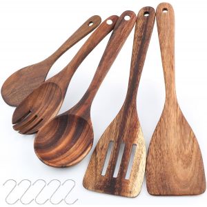 Mevronisshop-Set D'ustensiles De Cuisine En Bois D'acacia 5 Pcs Lot De Cuill&egrave;res En Bois Avec Spatule Louche Cuill&egrave;re &Agrave; Riz Ustensiles &Agrave; Salade Compatible Antiadh&eacute;sif Inclus 5 Crochets Pour Cuisine M - Neuf