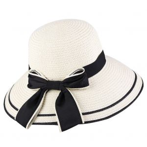Chapeau De Paille Rond Pour Femme, Chapeau De Soleil A Gros Noud, Chapeau A Larges Bords, Chapeau De Plage, Vacances (Blanc) - Neuf