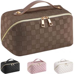 MAA-Grande Trousse de Toilette Femme Voyage Capacité,Pochette Trousse Maquillage Voyage XXL en Cuir PU,Makeup Bag Organizer Trousse Rangement Maquillage pour Femmes Fille(Damier-Marron) - Neuf