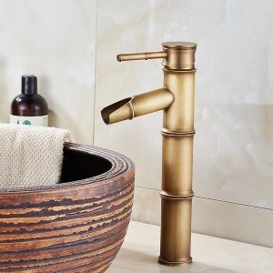 Robinet mitigeur de lavabo en bambou haut, mitigeur de lavabo cascade, robinet monotrou, eau chaude et froide disponibles, robinet de salle de bain en bronze, 3 bouches de rupture - Neuf