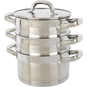 JEXNOVASHOP-Timeless 3 niveaux cuiseur vapeur &iquest; Casseroles empilables en acier inoxydable de 18 cm, poign&eacute;es et couvercle en verre tremp&eacute;, antiadh&eacute;sif, vapeur pour l&eacute;gumes, adapt&eacute;es aux plaques &agrave; ind - Neuf