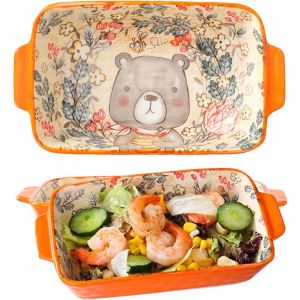 SUBZONAL-Petit Plat à Gratin en Céramique, Moule à Pâtisserie Rectangulaire avec Poignées, Compatible four et Micro-Ondes, Pour Soufflés, Crème Brûlée, Lasagnes, Tiramisu et Pudding (Orange) - Neuf