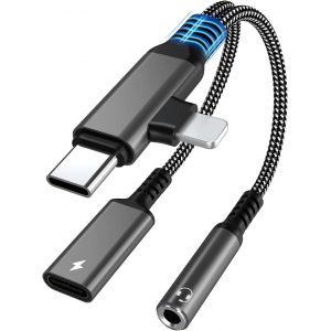 KALANKA-2 en 1 Adaptateur Light-ning + USB C vers Jack 3.5mm PD 60W Charge Rapide Adaptateur Casque Type C Adaptateur C&acirc;ble Audio &Eacute;couteur Hi-Res Aux C&acirc;ble pour i-Phone 16 15 Plus Pro Max iPad Samsun - Neuf