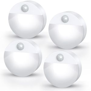 Lot De 4 Lampes À Détecteur De Mouvement Pour L'intérieur, Veilleuses Automatiques/Marche/Arrêt, Blanc Pur, À Coller, Alimentées Par Piles, Veilleuse Pour Bébé, Pour Salle De Bain, Couloir, - Neuf