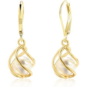 Chenquansarl-Boucles D'oreilles En Perles Avec Cage Dor&eacute;e, &Eacute;l&eacute;gantes Boucles Pendantes En Perles D'eau Douce Blanches, Bijoux Hypoallerg&eacute;niques Pour Oreilles Sensibles, Polyvalentes &Agrave; Porter - Neuf