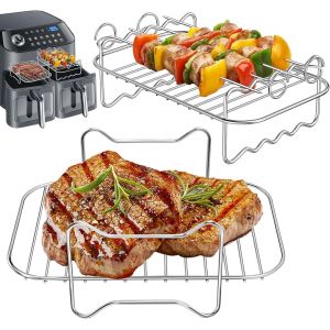 KALANKA-2 Pi&egrave;ces Accessoires Air Fryer en Acier Inoxydable 304, Support Multifonction Double Couche avec 4 Brochette Compatible avec Ninja Foodi AF300EU/ AF400EU, Accessoires pour Friteuse &agrave; Air Comp - Neuf