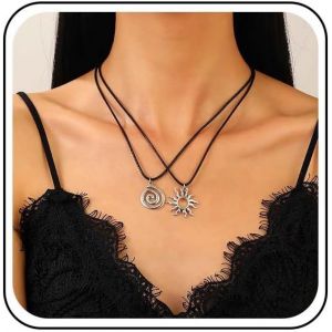 Collier Boho En Cuir Superpos&eacute; Choker Vintage Cordon En Cuir Noir Collier Pendentif Soleil Argent&eacute; Spirale Spirale Cha&icirc;ne Ensemble De Bijoux Pour Les Femmes - Neuf