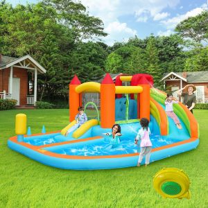 Ch&acirc;teau Gonflable Avec Soufflerie Toboggan Aquatique Trampoline Panier De Basket Pistolets &Agrave; Eau Double Piscine Pour Utilisation S&egrave;che Et Humide Orange - Neuf