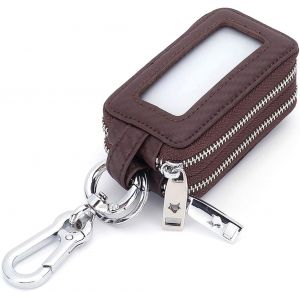 CAUC-&Eacute;tui portefeuille en cuir v&eacute;ritable avec crochet en m&eacute;tal et fen&ecirc;tre double fermeture &eacute;clair pour t&eacute;l&eacute;commande Marron fonc&eacute; - Neuf