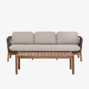 Ensemble De Jardin Avec Canap&eacute; 3 Places Et Table Basse Rectangulaire 120x60 Cm En Bois D'acacia Et Corde Tress&eacute;e Karvia Brun Acacia - Neuf