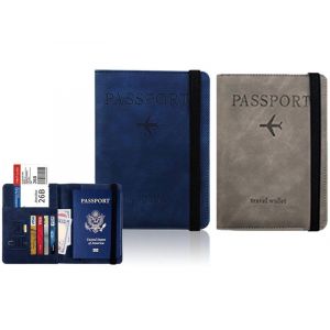Ensemble de 2 portefeuilles avec blocage RFID pour passeport (gris et bleu fonc&eacute;) - Neuf