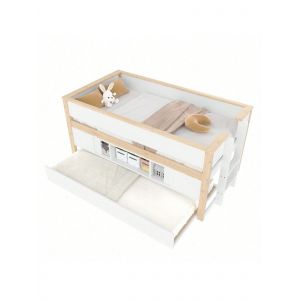 Lit &Agrave; Demi-Hauteur, 90x200cm, Lit Avec Lit Extensible, Lit D'enfant, Lit D'&eacute;tage, Plusieurs Compartiments, Sans Matelas, Blanc + Nature 1 - Neuf