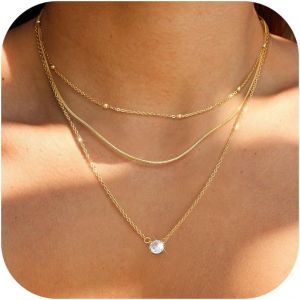 Kales-3pcs Collier Femme Or/Argent Réglable Collier Ras De Cou Femme Cz Cercle Croix Pendentif Chaine Argent Plaqué Or 14 Carats Colliers Ensemble - Neuf