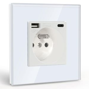 Prise Murale avec USB et 1 Type C,16A Prise de Courant Alternatif avec Panneau en Verre,Multiprise Murale Max 2.1A,Convient au Smartphone, &agrave; la Tablette (Blanc) - Neuf