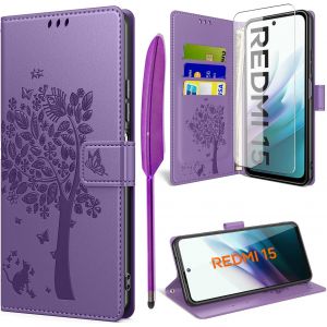 ELVORIX-Coque pour Xiaomi Redmi 15 4G / 5G avec Verre Tremp&eacute;, &Eacute;tuis Rabat Folio Anti-Choc Protection Housse Cuir PU Portefeuille [Fermeture Magn&eacute;tique][Emplacements Cartes][Stand Feature] - Violet - Neuf