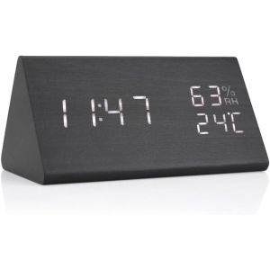 KAL-Réveil Numérique En Bois, Réveil En Bois Led Affichage Numérique De L'Heure/Température/Humidité Commande Vocale Horloges Électriques En Bois - Neuf