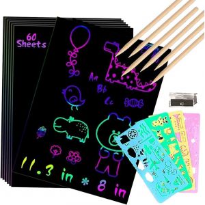 KALANKA-Dessin Gratter pour Enfants, 50 Feuilles à Gratter Papier Gratter Carte Gratter pour Écriture, Jeux, Dessins avec 4 Règles de Gabarit, 5 Stylets en Bois et 1 Taille-Crayon - Neuf