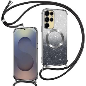 JGD-Couqe Magn&eacute;tique pour Samsung Galaxy S25 Ultra 5G Con Cordon, Compatible avec MagSafe, Brillant Glitter Paillet&eacute; Antichoc Durable R&eacute;sistante Etui Housse pour Samsung S25 Ultra Bumper, Noir - Neuf