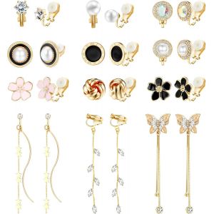 12 Paires De Boucles D'oreilles &Agrave; Clip Pour Femmes, Boucles D'oreilles &Agrave; Clip En Argent, Boucles D'oreilles Non Perc&eacute;es Hypoallerg&eacute;niques, Avec Perles, Fleurs Et Papillons - Neuf