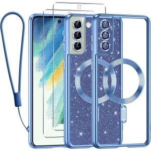 SJZG-Glitter Magn&eacute;tique Pour Samsung Galaxy S21 Fe 5G Con Cordon, [Compatible Avec Magsafe] Antichoc Brillant Paillet&eacute; Souple Couqe Pour Samsung S21 Fe Avec 2 Pi&egrave;ces Verre Tremp&eacute; &Eacute;tui, Bleu - Neuf