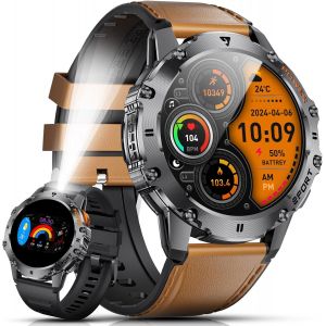 Montre Connectée Homme Militaire,1.43"" Amoled Smartwatch Homme Avec Appel Bluetooth,500mah 5atm Étanche Smartwatch Avec 110+ Sportifs Fréquence Cardiaque/Sommeil Moniteur Android Ios Cuir Marron - Neuf