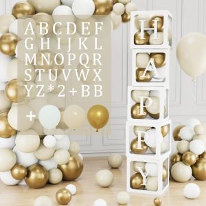 AYUHR-105 Cube Baby Shower Decoration Filles Garçons, 6 Boîte à Ballon Transparente Douche Bébé avec 54 Lettres, 45 Ballons Blanc Sable Doré, Boite Anniversaire pour Deco Baby Shower, Gender Reveal, - Neuf