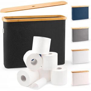 LONBET Rangement Papier Toilette pour 12 Rouleaux - Range Papier Toilette Pliable et Empilable avec Couvercle en Bambou - Organisateur de Salle de Bain &Eacute;tanche et &Eacute;l&eacute;gant - Panier Papier WC Noir - Neuf