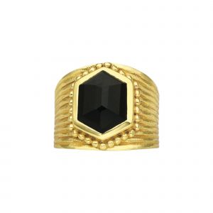 Bague Argent Dor&eacute; Antique Pierre Naturelle Onyx Noire - Neuf