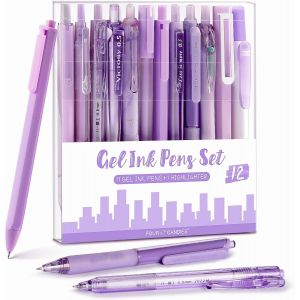 Purple Neutral Pen Set 11 Black Ink Stens and 1 Highlighter, Fine Tip Retractable 0.5mm, Cute Sticky Note Pens, Suitable for Schools, Offices12pcs - Neuf