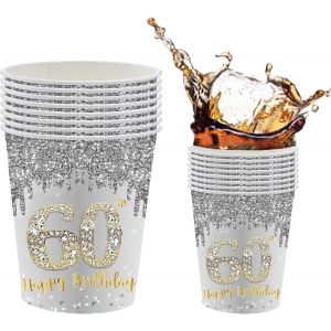 Kal-Lot De 20 Gobelets En Papier Argent&eacute; Pour F&ecirc;te 60e Anniversaire Gobelets En Papier De Qualit&eacute; Sup&eacute;rieure Pour Homme Femme D&eacute;coration De F&ecirc;te D'anniversaire Accessoires De F&ecirc;te Sur Le Th&egrave;me Argent - Neuf