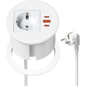 Prise encastrable avec USB C PD 35 W, Prise de Plan de Travail, avec 2 Ports USB et 1 Schuko, multiprise encastrable escamotable pour Bureau pour Trou de Table de 80 mm, Noir - Neuf