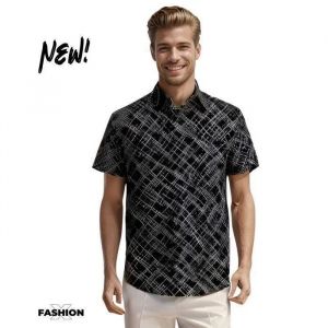 Chemise Homme - Frilivin - Manches Courtes - Imprim&eacute; Abstrait - Couleur Noire - Ajust&eacute;e - Neuf