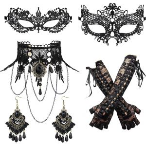 4-5pcs Collier Dentelle Noire Avec Bracelet Pendentif Boucles D'oreilles Gothique Costume Vintage Pour Femmes Halloween Vampire Vapeur Punk Fête Mariage Mascara Costume Bijoux.[Y812] - Neuf