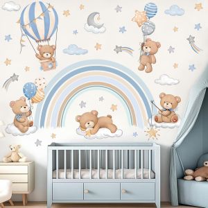 ERYI-Stickers Muraux Enfants Arc En Ciel Autocollant Mural Animaux Ours Montgolfière Nuages Étoile Décoration Murale Chambre Enfants Bébé Pépinière Salon - Neuf