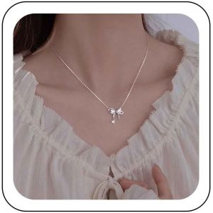 Kal-Collier Argent Noeud Coeur Collier Pendentif Zircone Cubique Collier Noeud Papillon Opale Collier Noeud Papillon Vintage Noeud Papillon Collier Ras Du Cou Zircon Cha&icirc;ne Bijoux Pour Femmes - Neuf